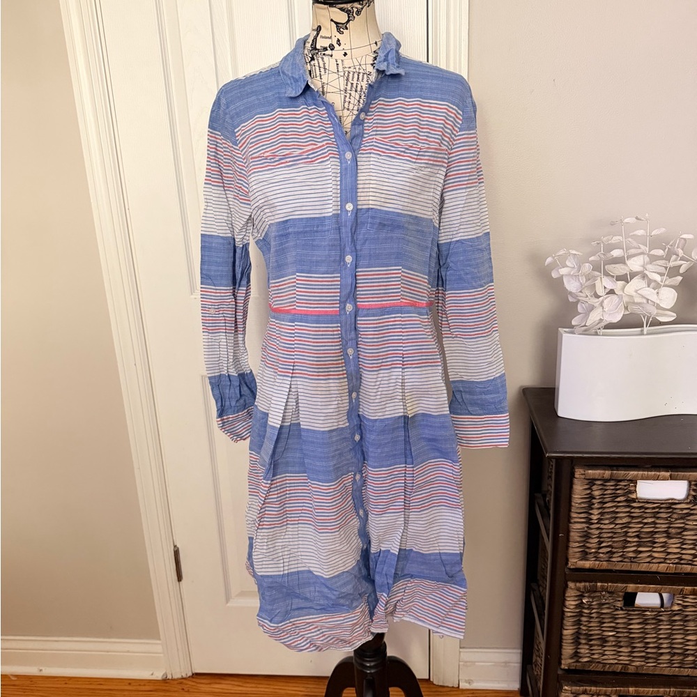 🎯Tommy Hilfiger Cotton Striped Shirt long sleeve button pleated flare Dress 12